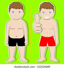 past and present of the weight loss of a man, acid green background.