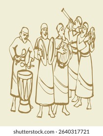 Past retro age royal fun dance party male jewish god priest prayer sing pray lyre folk song hit ring call East jew human timbrel beat sumer tool tune bell sound islam hand draw arab sketch biblic art