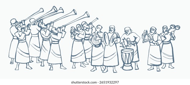 Anterior idade retrô festa divertida real masculino deus judeu oração cantar rezar lira folk canção hit ring call East jew humano sopro chifre bater ferramenta vara som som islam mão desenhar árabe esboço arte bíblica