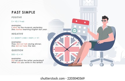 Past simple. Rule for the study of tenses in English. The concept of teaching English. Trend character style. Vector.