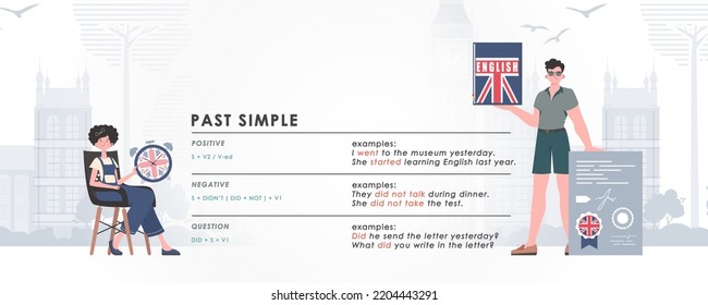 Past simple. Rule for the study of tenses in English. The concept of teaching English. Flat character modern style. Illustration in vector.