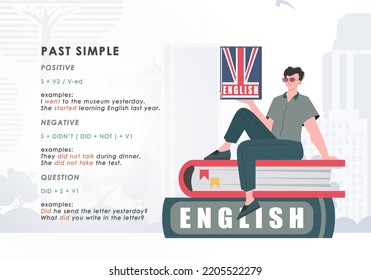 Past simple. Rule for the study of tenses in English. The concept of learning English. Trend character flat style. Vector illustration.