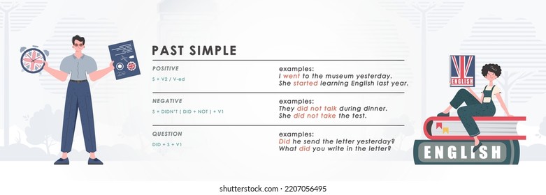 Past simple. Rule for the study of tenses in English. The concept of learning English. Trend character style. Illustration in vector.