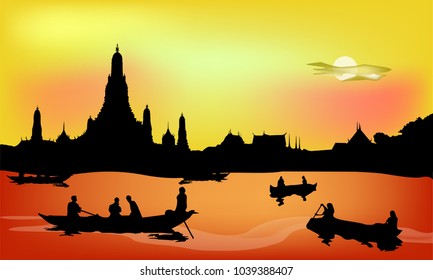 In the past, Thai people transported by boat and had wat Arun the background