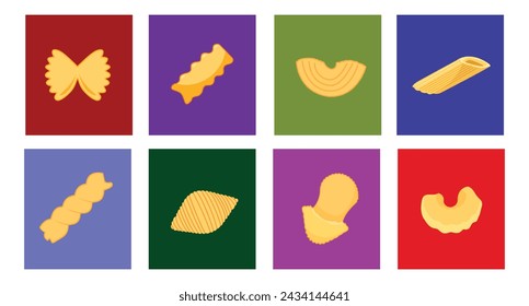 Conjunto de objetos vectoriales realistas Pasta 3d. Penne, fusilli, farfalle, fettuccine, spaghetti, penne, conchas, caballo, gemelli, lasagnette. Ilustración de alimentos