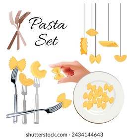 Conjunto de objetos vectoriales realistas Pasta 3d. Penne, fusilli, farfalle, fettuccine, spaghetti, penne, shells, horse, gemelli, lasagnette. una mano sosteniendo farfalle. tenedores con pasta. Ilustración de alimentos