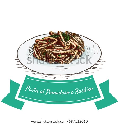 Pasta al Pomodoro e Basilico colorful illustration. Vector illustration of Italian cuisine.