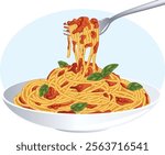 Pasta Al Pomodoro. Spaghetti Plate with Tomato Sauce and Basil. Spaghetti on Fork - Authentic Italian Cuisine Detailed Illustration