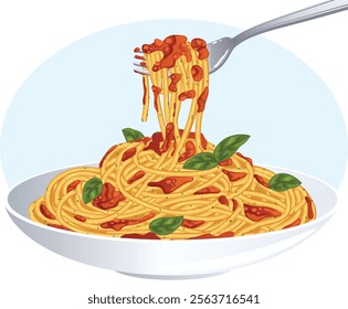 Pasta Al Pomodoro. Spaghetti Plate with Tomato Sauce and Basil. Spaghetti on Fork - Authentic Italian Cuisine Detailed Illustration