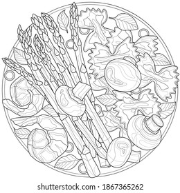 Pasta with asparagus, mushrooms and shrimps.Coloring book antistress for children and adults. Zen-tangle style.Black and white drawing