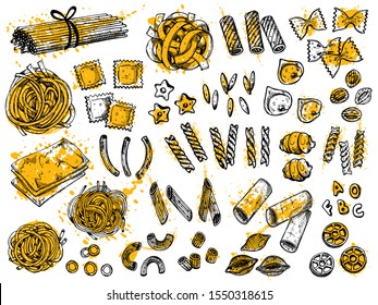 Pasta assortment hand drawn illustrations set. Noodle types vector drawing. Grocery store assortment. Doodle flour products variety pack. European, asian traditional cuisine design element