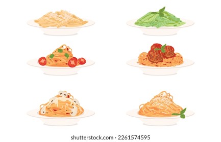 Sortiment an Teigwaren. Penne mit Basilikum und Erbsensoße, Penne mit Käse, Penne mit Tomatensauce, Spaghetti mit Fleischbällen, Spaghetti mit Pilzen.