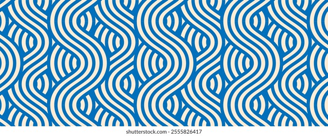 Pasta background, vector ramen noodle blue and white seamless wave pattern. Oriental asian food, spaghetti texture with geometric wavy lines. Poster or wallpaper with abstract italian meal ornaments