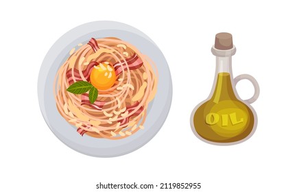 Pasta with bacon and egg sauce. Jug of olive oil, ingredient for pasta cooking vector illustration