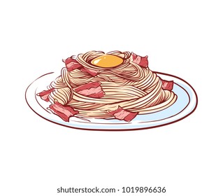 Pasta with bacon icon isolated on white background. Italian cuisine dishes label, restaurant menu design element vector illustration.