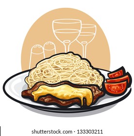 pasta and baked meat with cheese