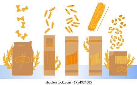 Pasta bakery, food products, isolated on white, lunch meal flour, variety pasta, design, flat style vector illustration.