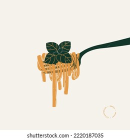 Pasta with a basil on a fork. Italian food design template. Textured vintage illustration.