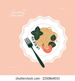 Pasta with basil and shrimp on a plate. Textured illustration. Italian food