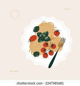 Pasta with basil and tomatoes on a plate. Textured illustration. Italian food.