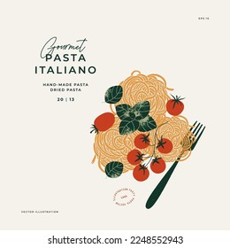 Pasta with basil and tomatoes. Textured illustration. Italian food.