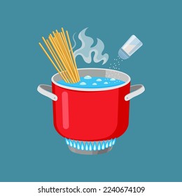 Pasta in boiling water being salted isolated on blue background. Pasta cooking process vector illustrations. Food, cooking concept