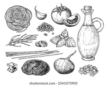 Desenho do vetor bolonhês da massa. Ingredientes tradicionais da massa italiana. Esboço de comida caseira para menu, restaurante, receita, livro de receitas. Espaguete, carne picada, tomate, manjericão, alho, azeite, pimenta