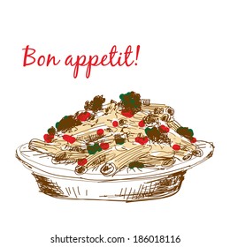 Pasta. Bon appetit. Hand drawn color illustration