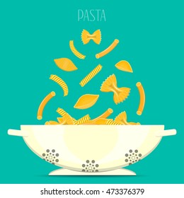 Pasta in bowl vector. Different pasta soar over the cup. Vector illustration. 