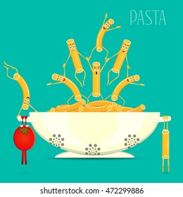 Pasta In Bowl Vector. Funny Cartoon Pasta And Tomato On A Plate. Cartoon Characters Smiling And Laughing. Funny Pasta, Food Vector.