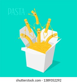 Pasta In The Box. Funny, Cartoon Pasta Characters Smiling And Laughing. Vector Illustration.