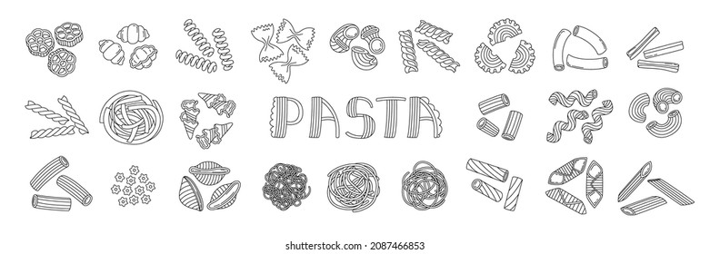Pasta bundle. Italian macaroni illustration set. Doodle vector food sketch. Rigatoni, fusilli and garganelli. Noodle, stelle, conchiglie and spaghetti. Farfalle, tortiglioni, pipe rigate and penne