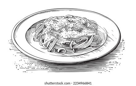 Pasta carbonara hand drawn sketch Latin American food Restaurant business concept.