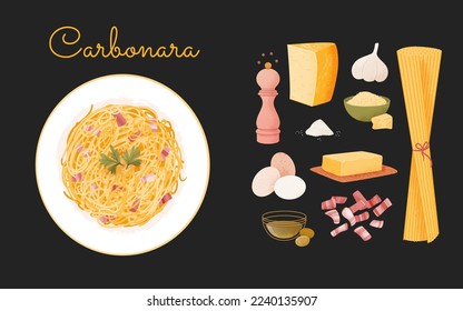 Pasta carbonara recipe instruction. Carbonara concept preparation steps with ingredients. Vector cartoon illustration with food elements. Spaghetti Italian Cuisine infographic.