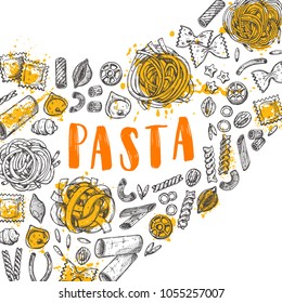 Pasta card concept design. Italian cuisine.  Hand drawn doodle vector illustration. Can be used for menu, cafe, restaurant, bar, poster, shop, food studio, emblem, sticker, badge.