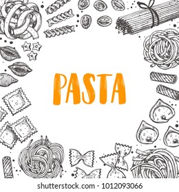 Pasta card. Italian cuisine. Logo, icon and label for your design. Hand drawn doodle vector illustration. Can be used for menu, cafe, restaurant, bar, poster, shop, food studio, emblem, sticker, badge