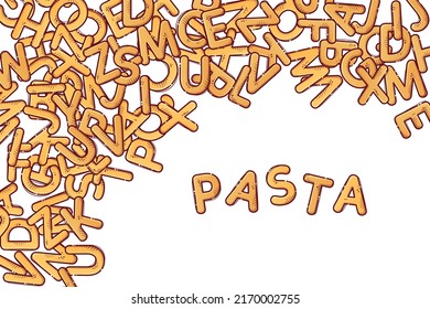 Pasta Cartoon Alphabet. Font From Letters In The Form Of Macaroni. Lettering From Pasta Soup. Design For Backgrounds, Wallpapers, Textile Composition. Vector Hand Drawn Illustration.