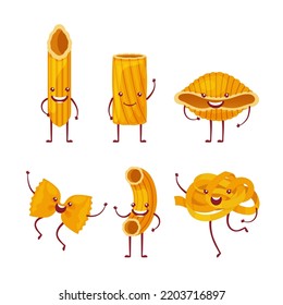 Pasta cartoon characters set isolated on white background. Funny noodles with cute kawaii faces, vector collection.