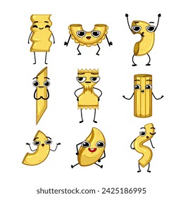 pasta character set cartoon. funny cute, face spaghetti, doodle comic pasta character sign. isolated symbol vector illustration
