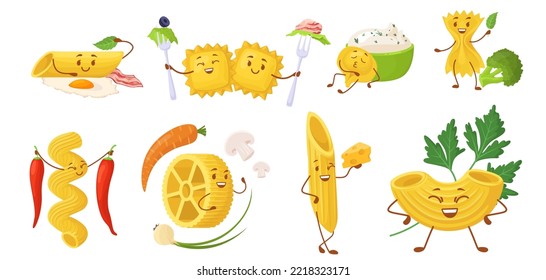 Pasta character vector. Cute funny noodle and macaroni isolated set. Happy spaghetti doodle food with comic expression, healthy italian product with different emotion on white background