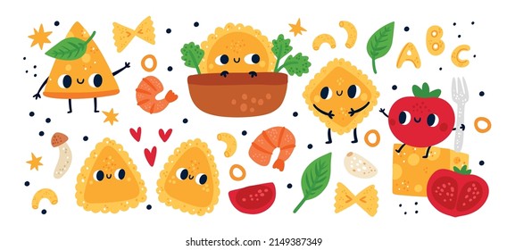 Pasta characters. Cartoon funny gourmet products. Italian cuisine. Traditional food and ingredients. Farfalle and penne. Ravioli with happy faces. Cheese and tomato