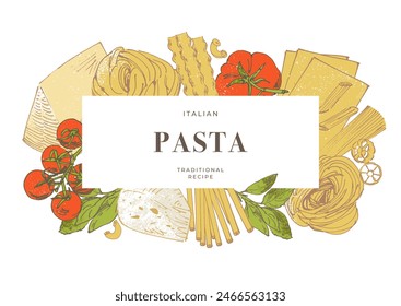 Pasta with cheese and tomatoes, sketchy hand drawn illustration, frame composition, food background, border design