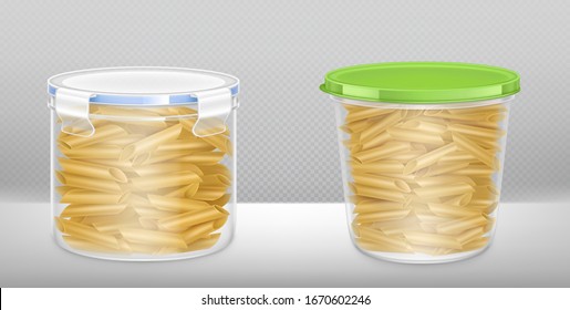 Pasta en caja transparente cerrada por tapa. Vector de maquillaje realista macarrones de pene en recipientes de plástico, cubeta de cocina para productos secos aislados sobre fondo transparente