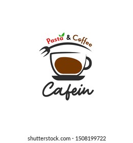 Pasta and coffee cafein cafe logo icon symbol for restaurant bistro or cafe with coffee cup and fork