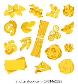 Pasta collection isolated on white background. Vector flat cartoon macaroni illustration. Italian cuisine, food icons and design elements set.