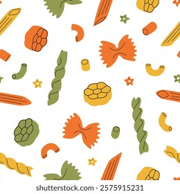 Pasta colorata. Macaroni, farfalle, penne, fusilli, stelline, ruote, ditalini. Traditional Italian food. Various noodles types. Vector flat cartoon seamless pattern for textile, fabric, wrapping, pack