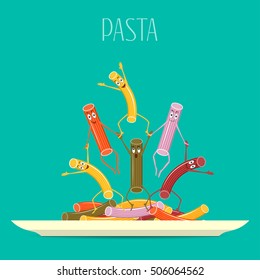 Pasta colored on a plate vector. Funny, cartoon pasta on a plate. Cartoon characters smiling and laughing. Funny italian pasta, food vector.