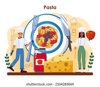 Pasta concept. Homemade italian food on the plate. Delicious dinner with cheese, meat and vegetable ingredients. Spaghetti, farfalle, fettuccine and ravioli pasta. Flat vector illustration