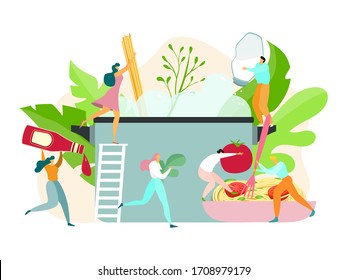 Pasta cooking concept, tiny people making spaghetti, traditional dish of Italian cuisine, vector illustration. Men and women cartoon characters carrying ingredients, food culinary team work together