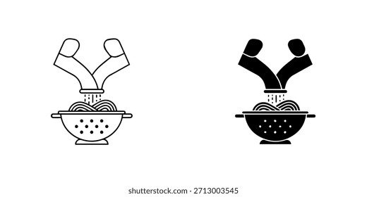 Conjunto de iconos de cocina de pasta con espaguetis de drenaje de manos en un colador, contorno y estilos de glifo